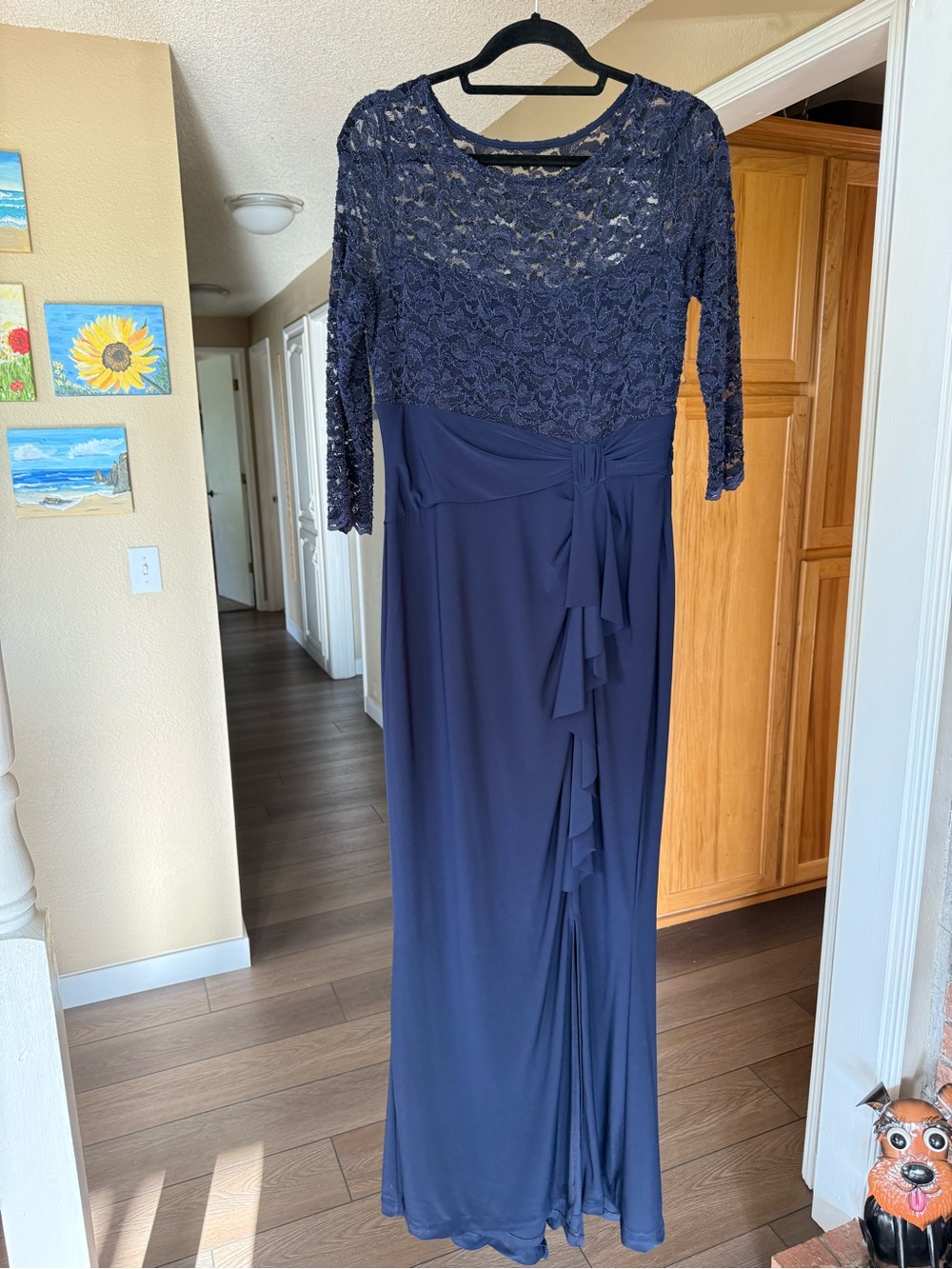 MARINA Navy Lace Bodice 3/4 Sleeve Evening Gown